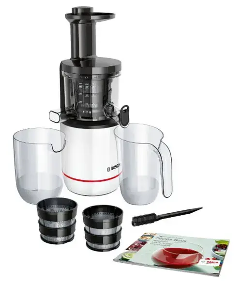 Storcator de fructe Bosch VitaExtract MESM500W, 150 W, 55 rpm, 2 filtre, melc din Tritan, reverse, DripStop (Alb)