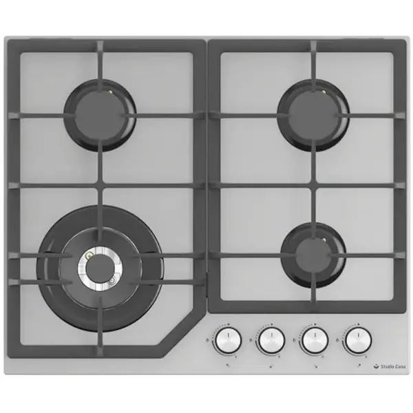 Studio Casa Plita incorporabila Studio Casa PG660 Parma Glass Grey, 4 arzatoare gaz, Wok, 2 gratare fonta, Aprindere electrica, Sticla gri