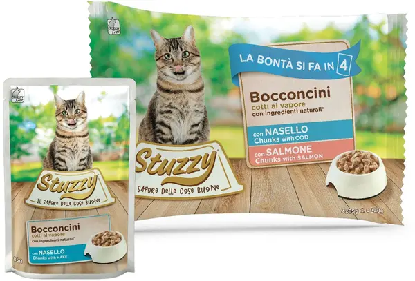 STUZZY Chunks Pachet plicuri ptr pisici, cu Merluciu/Somon 4x85g