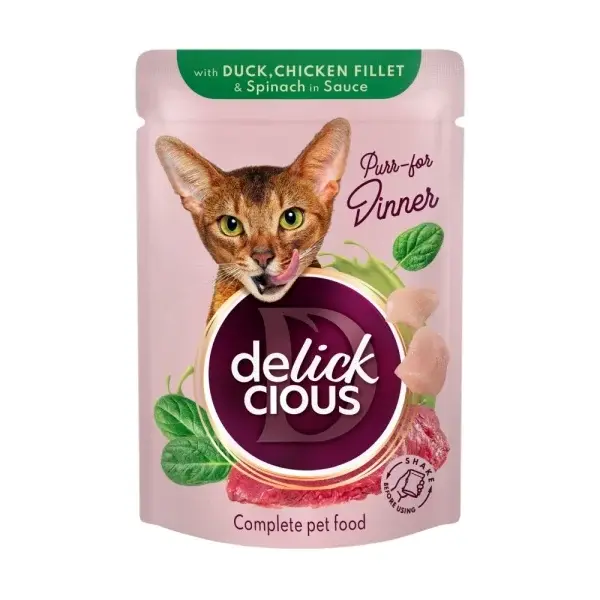 Supa cremoasa pentru pisici Delickcious Fasii de rata, pui spanac 85 gr