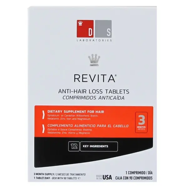 Supliment Alimentar, DS Laboratories, Revita, Anti-Hair Loss, Reduce Caderea Parului si Stimuleaza Cresterea, cu Biotina, Zinc si Fier, Tratament pentru 3 Luni, pentru Femei si Barbati, 90 tablete