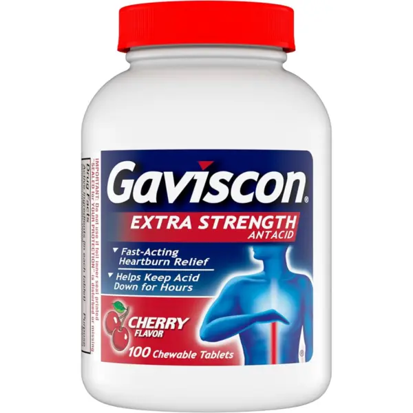 Supliment Alimentar, Gaviscon, Extra Strength Antacid, Calmare Rapida si de Durata, pentru Arsuri si Reflux Gastric, Aroma Cirese, 100 tablete