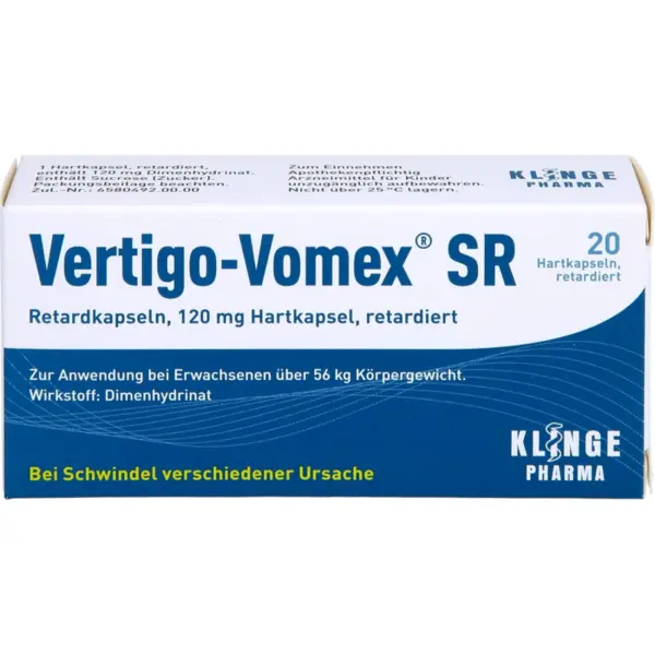 Supliment Alimentar, Klinge Pharma, Vertigo-Vomex SR, pentru Adulti, Impotriva Raului de Miscare si Vertijului, 120mg, 20 capsule