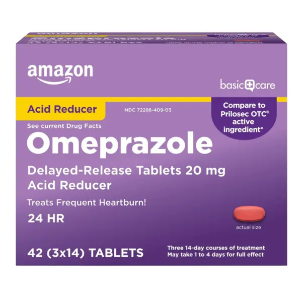Supliment, Amazon Basic Care, Omeprazole 20mg, Destinat Tratamentului Arsurilor Frecvente la Stomac, Reduce Aciditatea, 42 tablete
