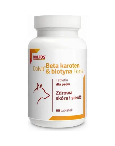 Supliment câini cu blană fragilă sau cădere excesivă DOLFOS Dolvit Beta Karoten & Biotyna Forte, 90 tablete cu biotină și beta-caroten