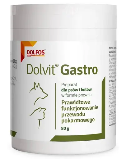 Supliment digestiv pudră pentru câini și pisici cu sensibilitate intestinală DOLFOS Dolvit Gastro 80 g cu acid butiric și inulină