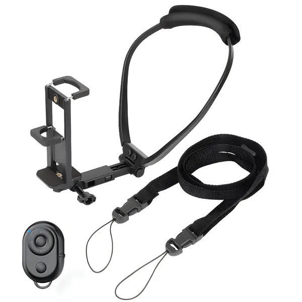Suport cu prindere de gat si corp HAWIRE pentru telefon si camere sport, Livestream, Telecomanda Bluetooth inclusa, Rotire 360 grade, Negru
