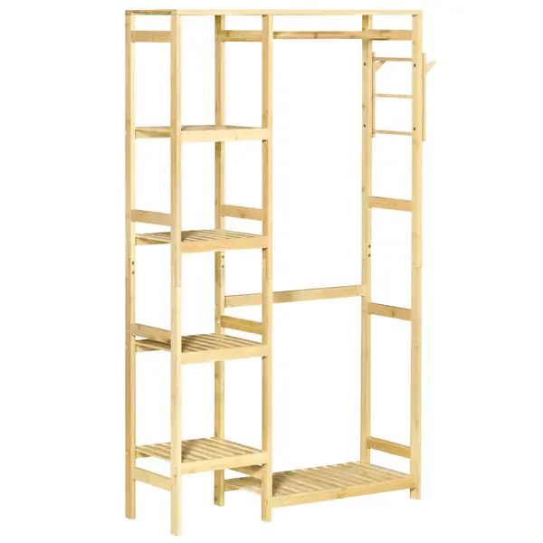 Suport de Haine de Podea din Lemn de Bambus, Suport pentru Haine cu Rafturi Laterale pentru Hol si Dormitor, 90x30x155cm HOMCOM | Aosom Romania
