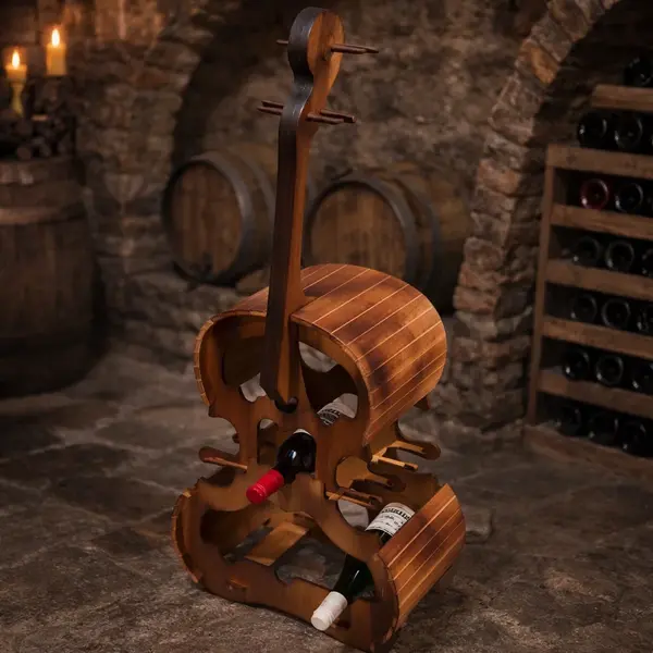 Suport de lemn pentru 6 sticle de vin si 10 pahare, forma vioara, 87 39 22 cm