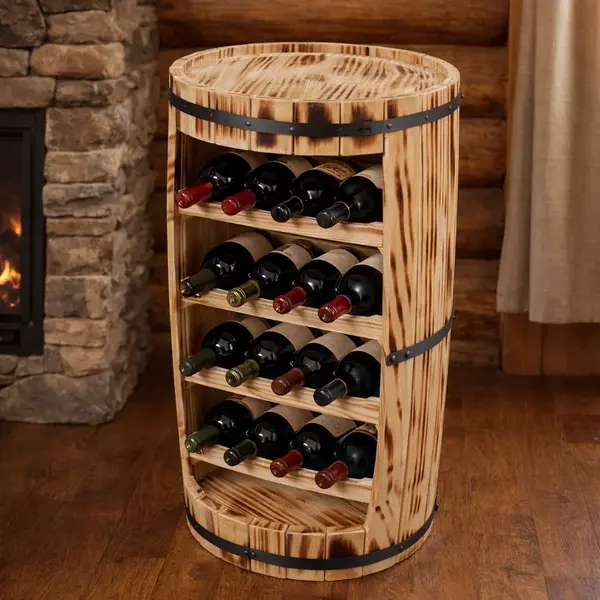 Suport de lemn pentru sticle de vin, forma de butoi, 12 sticle, 63x34 cm. Pin ars