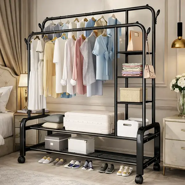 Suport Dublu de Umerase pentru Haine Stand Metalic Organizator 162x120cm Negru cu Roti