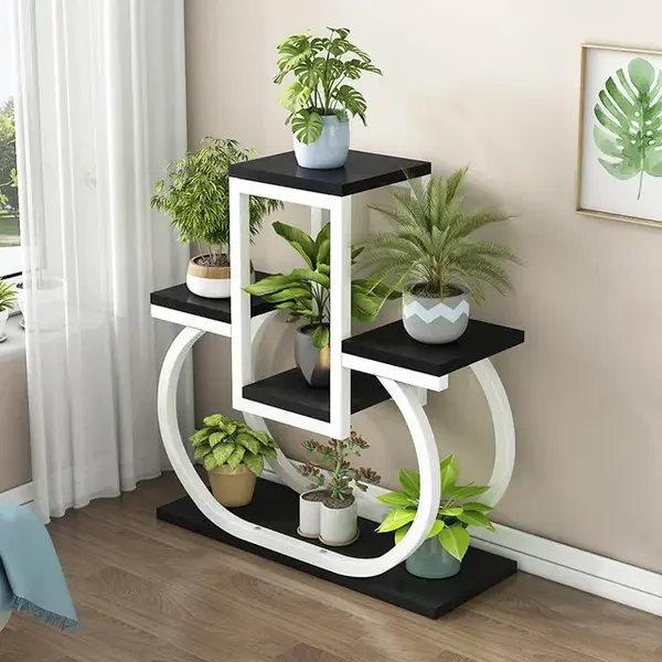 Suport flori HAWIRE SF-01, Design modern, Metal alb cu rafturi lemn, 3 niveluri, 72x65x24cm