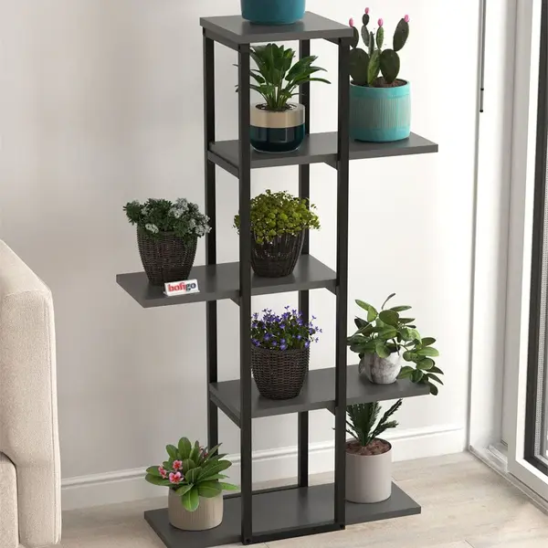 Suport flori Papatya multifunctional, etajera decorativa pentru ghivece si obiecte 40 x 120 cm, cadru metalic negru + rafturi PAL melaminat 18 mm, ideal pentru living balcon sau birou, stil industrial modern