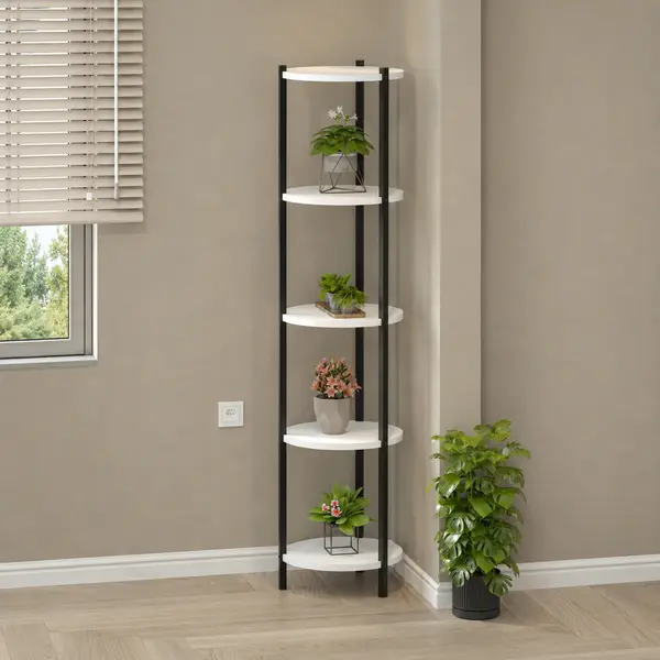 Suport flori si vase Lale cu 5 nivele, etajera decorativa pentru plante carti sau obiecte, cadru metalic + PAL melaminat 18 mm 40 x 160 cm, potrivita living balcon sau birou, stil modern scandinav
