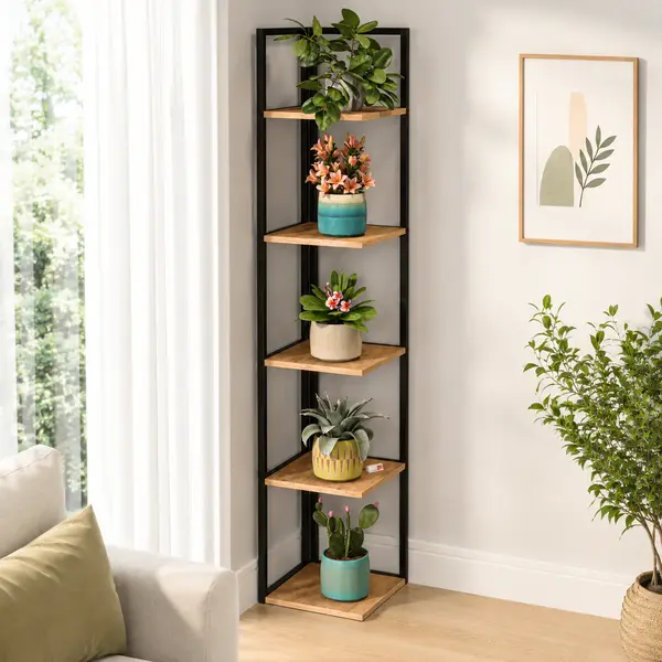 Suport Inalt de Colt pentru Plante cu 5 Rafturi, Cadru Metalic, 36 x 180 cm