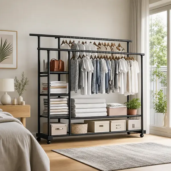 Suport metalic pentru haine cu doua bare si rafturi laterale, 148 x 150 x 40 cm, capacitate 88 kg