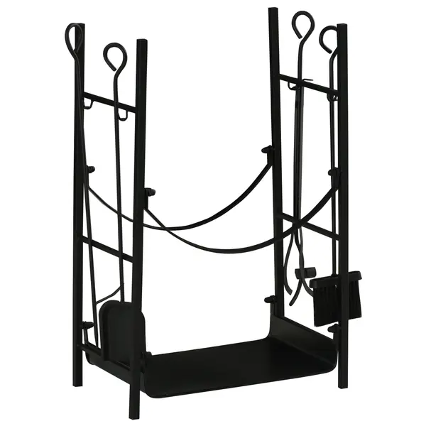 Suport pentru Lemne de Interior si de Exterior din Metal cu Lopata, Matrua, Vatrai si Cleste, Negru, max 70 kg de Lemne Outsunny | Aosom Romania