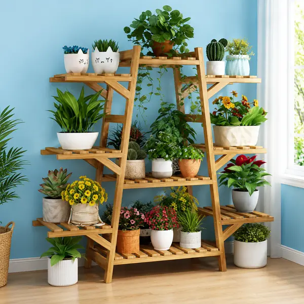 Suport pentru plante din bambus cu 9 polițe, dimensiuni 87 × 23 × 95 cm, etajera decorativa pentru ghivece
