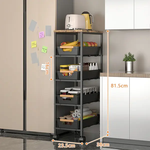 Suport slim portabil cu 5 nivele, 4 rafturi retractabile si 1 polita din MDF, rotativ 360°, 38x 23.5 x 81.5 cm