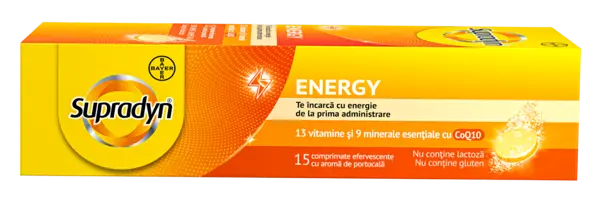 Supradyn Energy Multivitamine – Complex de Vitamine B - Coenzima Q10 - 13 Vitamine – 9 minerale - Boost de energie 15 comprimate efervescente