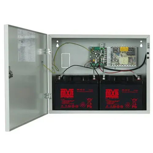 Sursa de alimentare pentru sisteme de detectie incendiu 24V/5.5A in cutie metalica Merawex ZSP100-5.5A-40, loc pentru 2 acumulatori 12V/40Ah, Tensiune de intrare: 100/230VAC