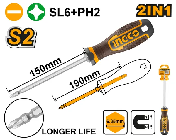 Surubelnita 2 in 1 SL6+PH2 INGCO AKISD26150