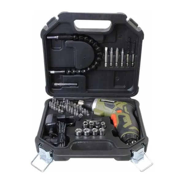 Surubelnita pe acumulator Heinner ATE001, 3.6 V, 4 Nm, 6+1 trepte torsiune, 28 biti 25 mm, 4 biti 50 mm, 2 burghie, 8 capete tubulare, suport magnetic bit, prelungitor flexibil, adaptor, incarcator