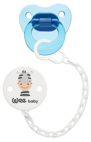 Suzetă din silicon cu lanț Wee Baby - Albastra, 6-18 luni