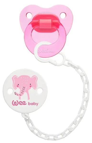 Suzetă din silicon cu lanț Wee Baby - roz, peste 18 luni