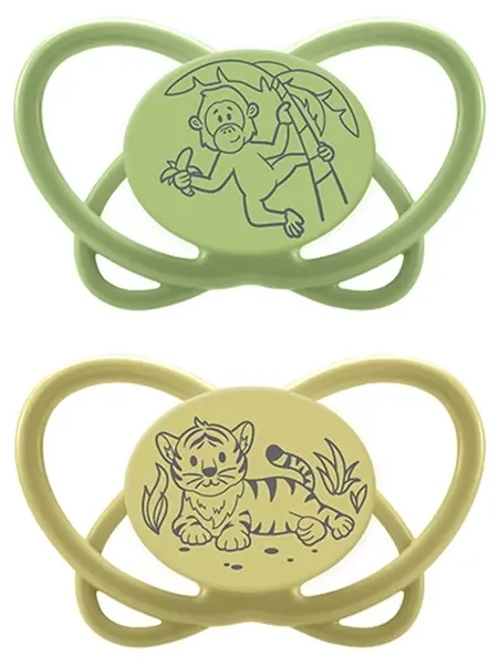 Suzetă pentru bebeluși NIP Green - My Butterfly, 0-6 luni, 2 bucăți, verde/galbenă