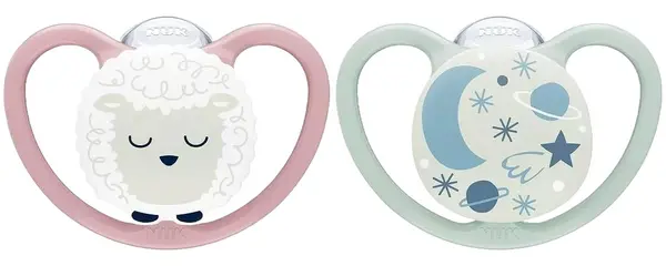 Suzete de silicon NUK - Space Night, Oaia, 6-18 m, 2 bucati + cutie