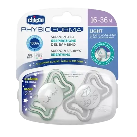 Suzete din silicon pentru copii 16-36 luni PhysioForma Light Glow Unisex, 2 bucati, Chicco