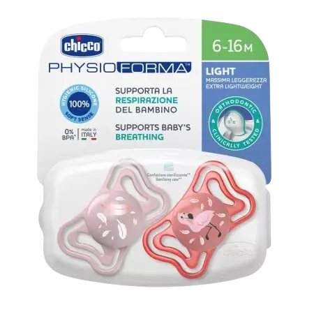 Suzete din silicon pentru copii 6-16 luni PhysioForma Light Glow Roz, 2 bucati, Chicco