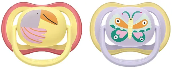 Suzete Philips Avent - Ultra Air, 0-6 luni, cu cutie, 2 buc, fluture violet/pasăre galbenă