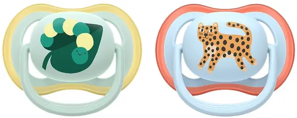 Suzete Philips Avent - Ultra Air, 0-6 luni, cu cutie, 2 buc, leopard albastru/omidă verde