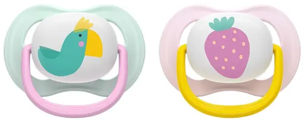 Suzete Philips Avent - Ultra Air, 0-6 luni, cu cutie, 2 bucăți, papagal verde/căpșună roz