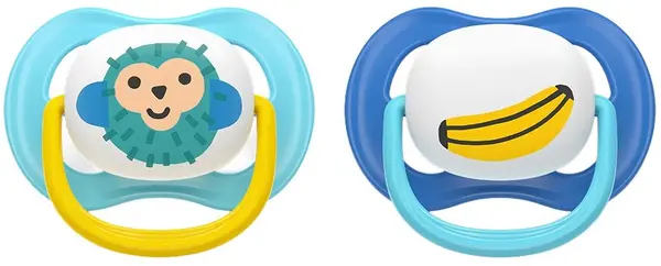 Suzete Philips Avent - Ultra Air, 6-18 luni, cu cutie, 2 buc, banană/maimuță, albastru