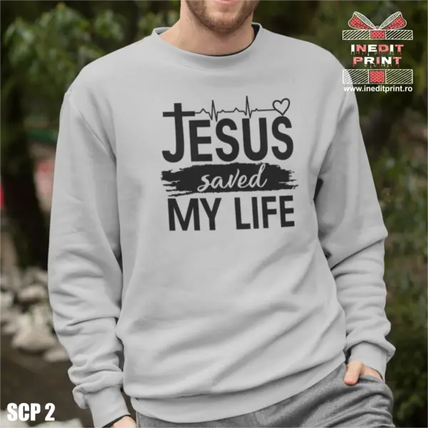 Sweatshirt Jesus saved my life SCP2 L, Gri