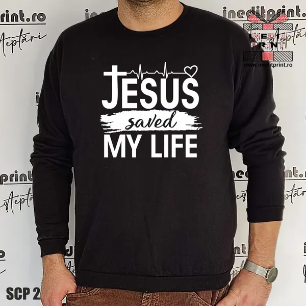 Sweatshirt Jesus saved my life SCP2 S, Negru