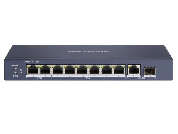 Switch 10 porturi, Hikvision DS-3E0510HP-E, 6x Poe Gb, 2x Hi-PoE Gb, 1x RJ45 Gb, 1x SFP, pana la 120W, Watchdog