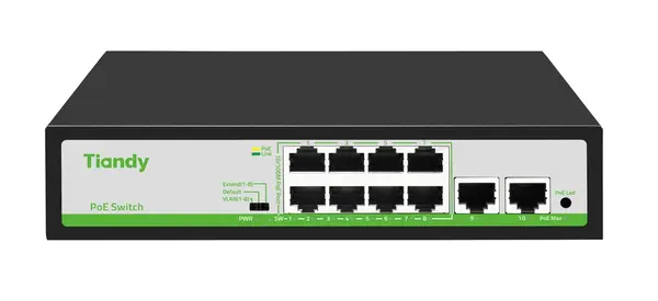 Switch 10 porturi Tiandy TC-P3S010-F0820AT90, 8x PoE, 2x RJ45, putere PoE 90W, 2Gbps, protectie supratensiune