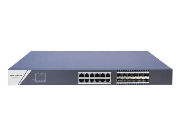 Switch 24 porturi Gigabit Hikvision DS-3E0524TF(B), 12x RJ45, 12x SFP, protectie 6kV, plug and play