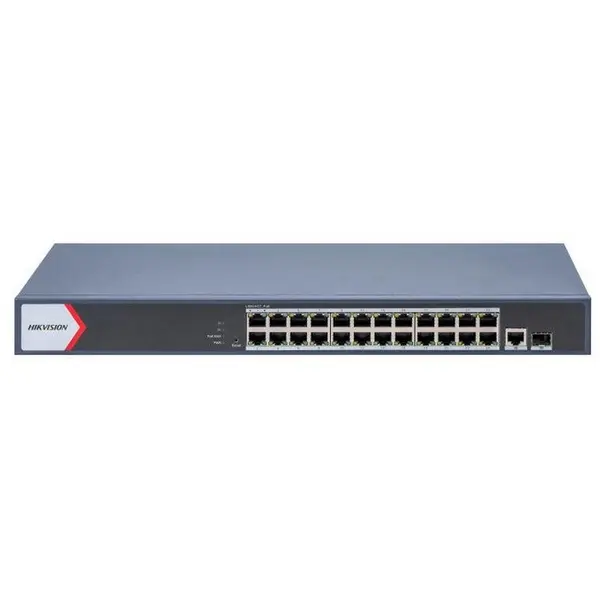 Switch 24 porturi Gigabit Hikvision DS-3E1526P-EIV2, 24 porturi gigabit PoE, 1 port Gigabit RJ45 si 1 port gigabit fibra optica
