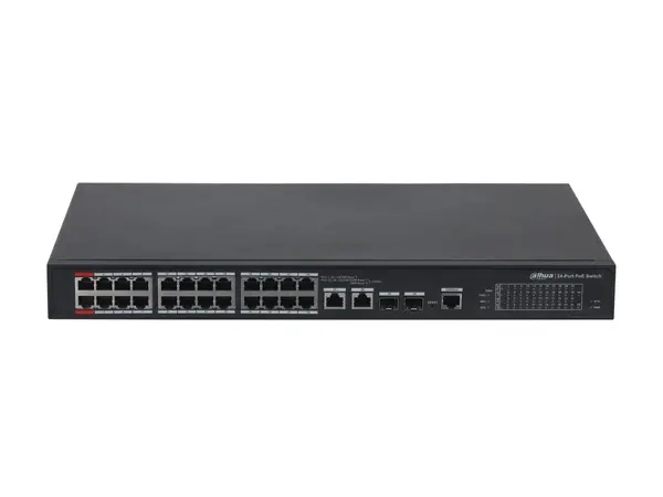 Switch 29 porturi, Dahua PFS4226-24ET-360-V3, 24x Rj45 PoE 2.0, 2x RJ45 Gb uplink, 2x SFP Gb uplink, 1x consola, 360W, Watchdog, cu management