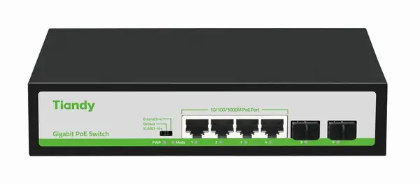 Switch 6 porturi Tiandy TC-P3S06-H0402AT60, 4 porturi PoE, 2 porturi SFP, putere PoE 60W, 12Gbps