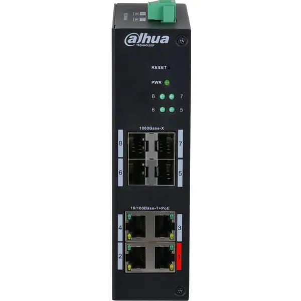 Switch 8 porturi (4xPoE) management Dahua HS4408-4ET-96, 4x 10/100 Mbps PoE, 4 SFP 1000 Mbps uplink, PoE watchdog