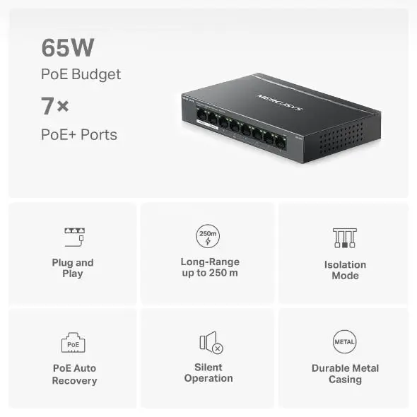 Switch 8 porturi gigabit 7 porturi PoE+ Mercusys - MS108GP