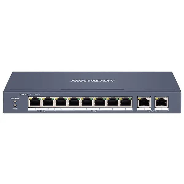 Switch 8 porturi PoE Hikvision DS-3E1310HP-EI, 2 porturi uplink Gigabit