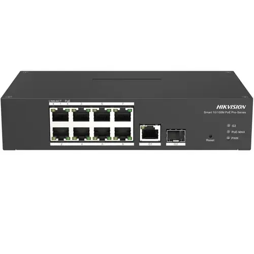 Switch 8 porturi PoE Hikvision DS-3T1310P-SI/HS prezinta 8 × 10/100 Mbps PoE port,1 × 1 Gbps RJ45
