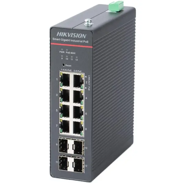 Switch 8 x RJ45 Gigabit PoE 802.3at/af/bt, 4 x SFP Gigabit, Smart Management, sina DIN - HIKVISION DS-3T1512HP-SI-8P4F